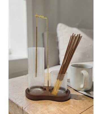 Upside Down Dual Incense Holder & Burner with Wooden Base and Glass Ash Catcher - Vertical Hanging Inc