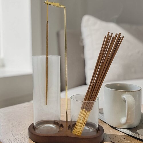 Upside Down Dual Incense Holder & Burner with Wooden Base and Glass Ash Catcher - Vertical Hanging Inc