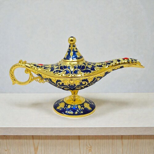Blue Small Ornate Decorative Aladdin Lamp – Metal – 6" L x 3.5" H