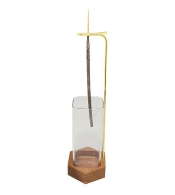 Upside Down Incense Holder with Wooden Base and Glass Ash Catcher (3.75" W x 11" H)