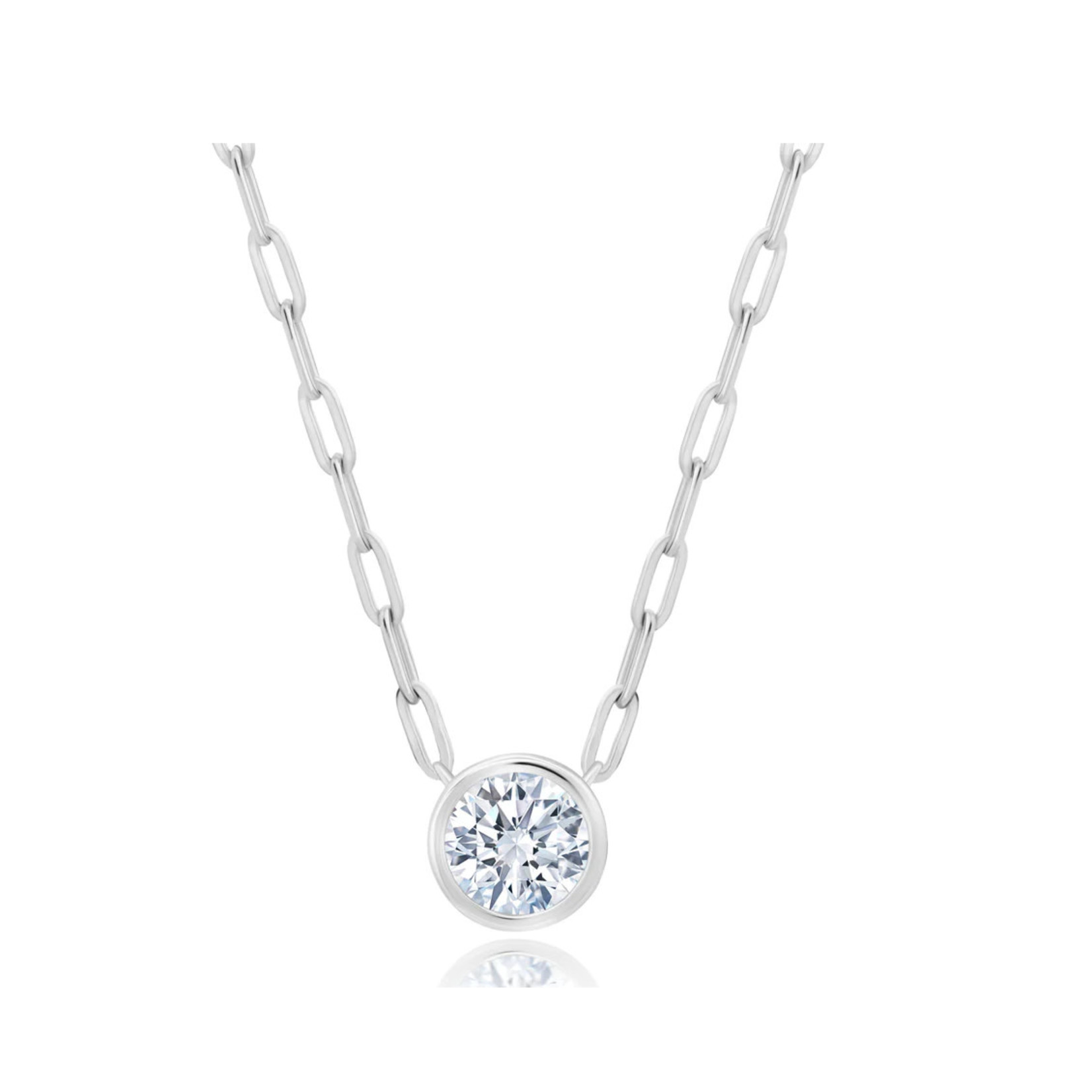 Solitaire Bezel Set Round Stud Necklace W/Paperclip Style Chain Finished In Pure Platinum 9012328N16CZ