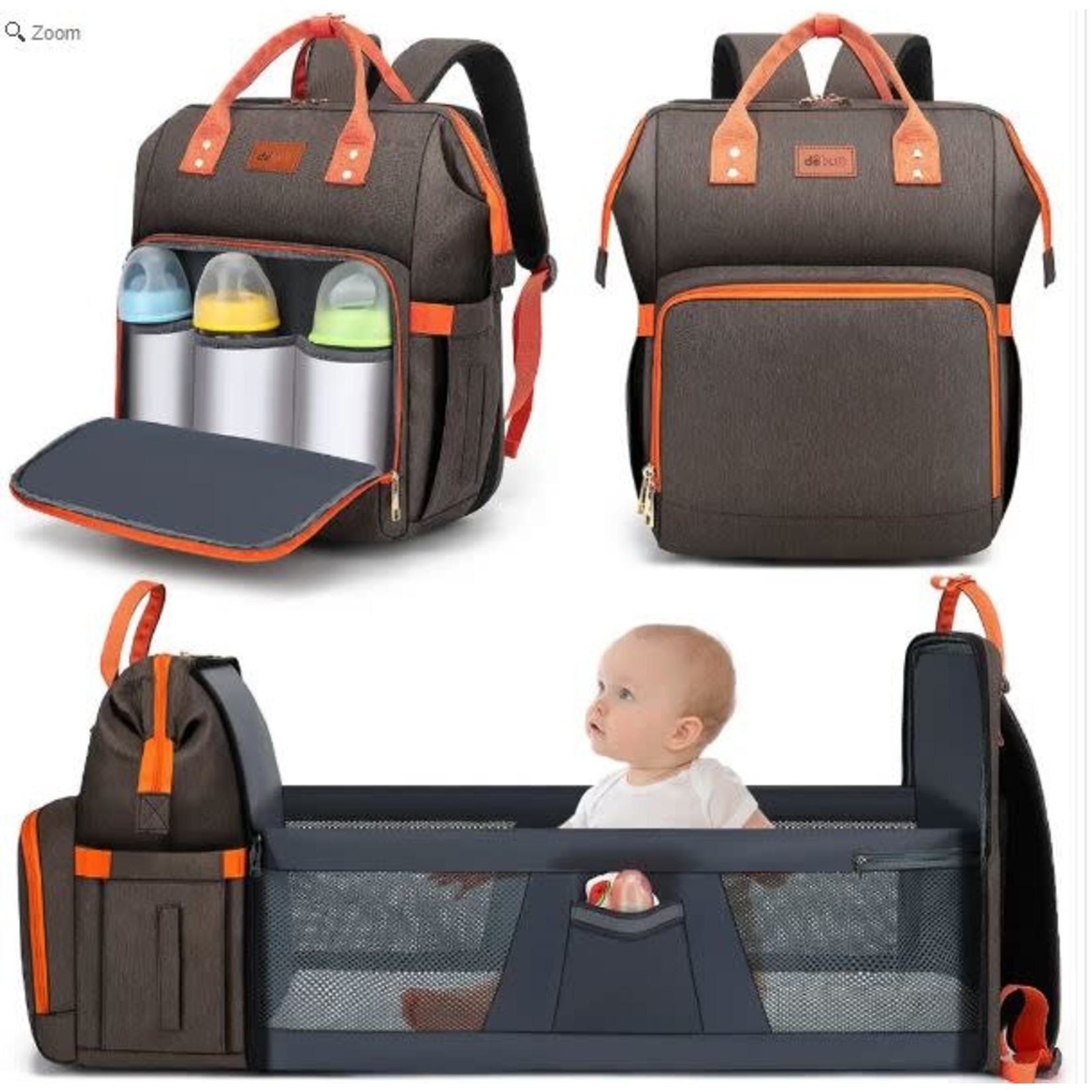 Bella Betty Baby Diaper Bag Backpack with Changing Station - Grey/Orange