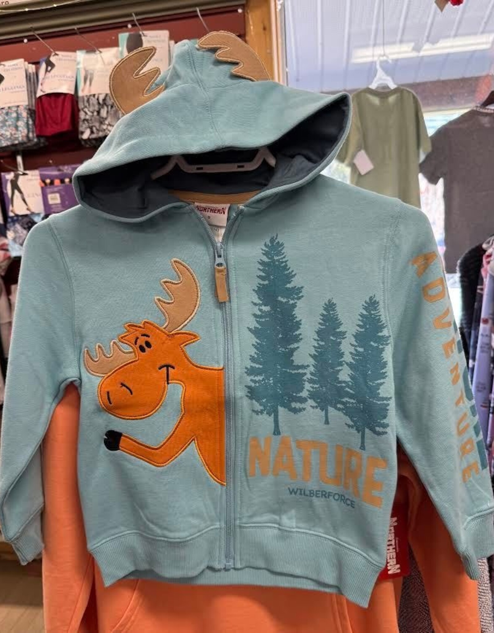 Kid's Full Zip Blue Moose Hooded Sweatshirt w/Antlers