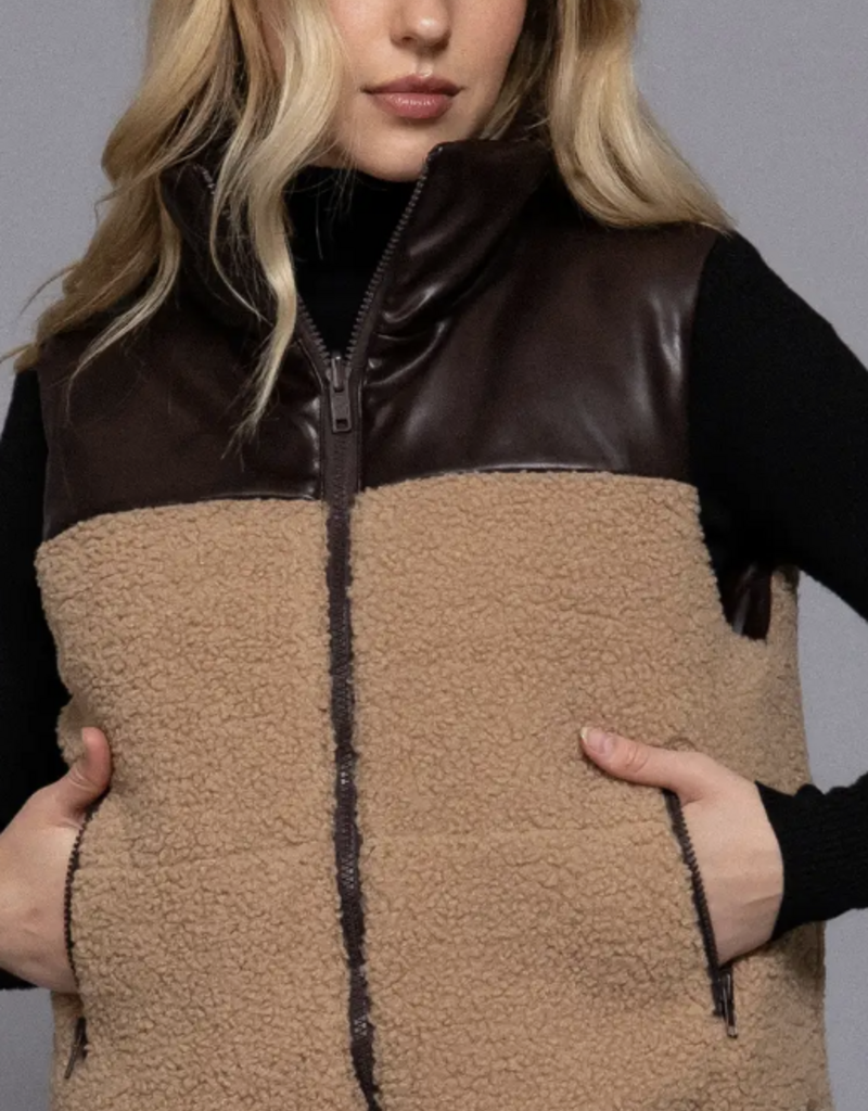 Reversible Faux Leather-Sherpa Padding Crop Vest