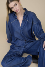 Collard Button Down Stud Detail Denim Shirt
