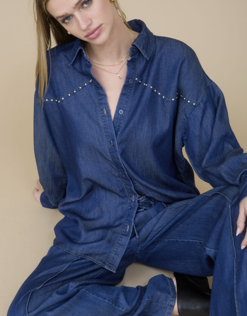 Collard Button Down Stud Detail Denim Shirt