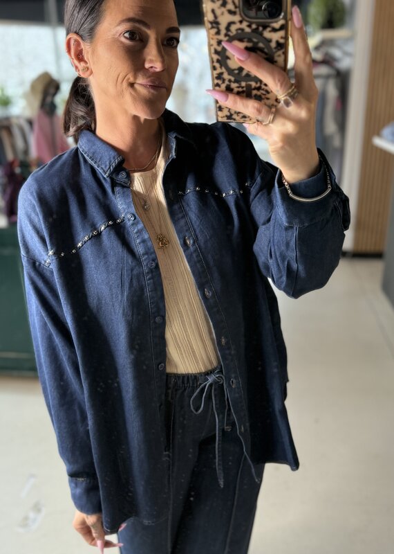 Collard Button Down Stud Detail Denim Shirt