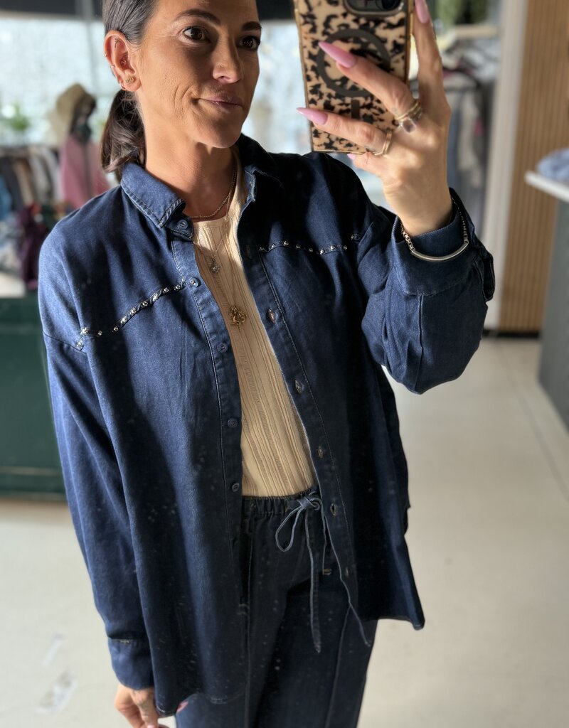 Collard Button Down Stud Detail Denim Shirt