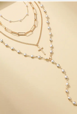 Layered Gold & Pearl Cross Statement Necklace Set