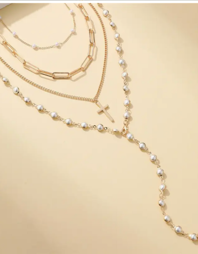 Layered Gold & Pearl Cross Statement Necklace Set