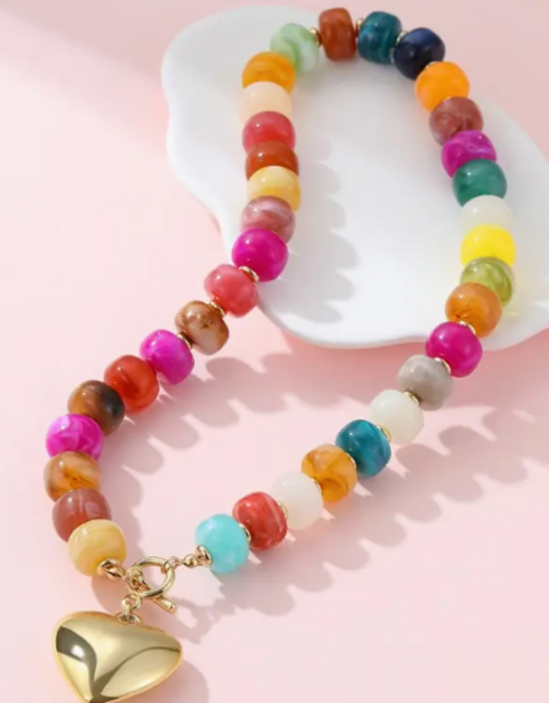 Multi Beaded Heart Charm Toggle Necklace