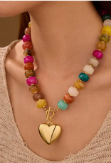 Multi Beaded Heart Charm Toggle Necklace