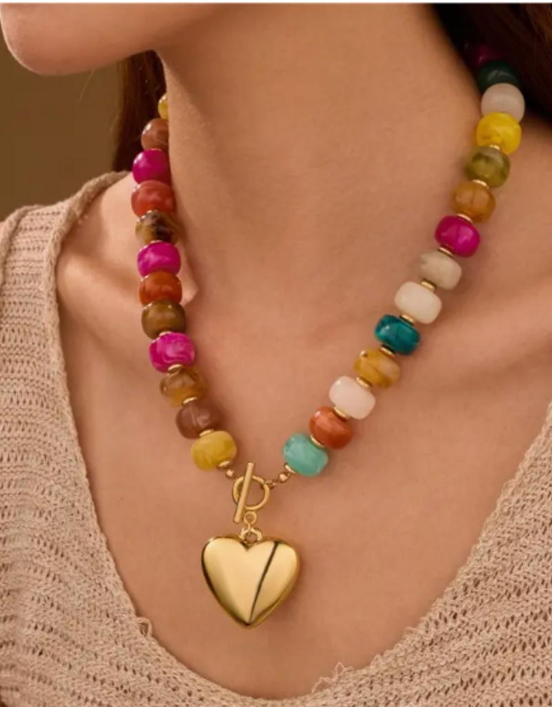 Multi Beaded Heart Charm Toggle Necklace
