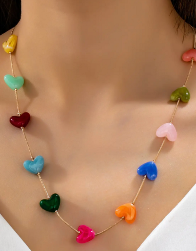 Multicolor Resin Beaded Heart Station Necklace