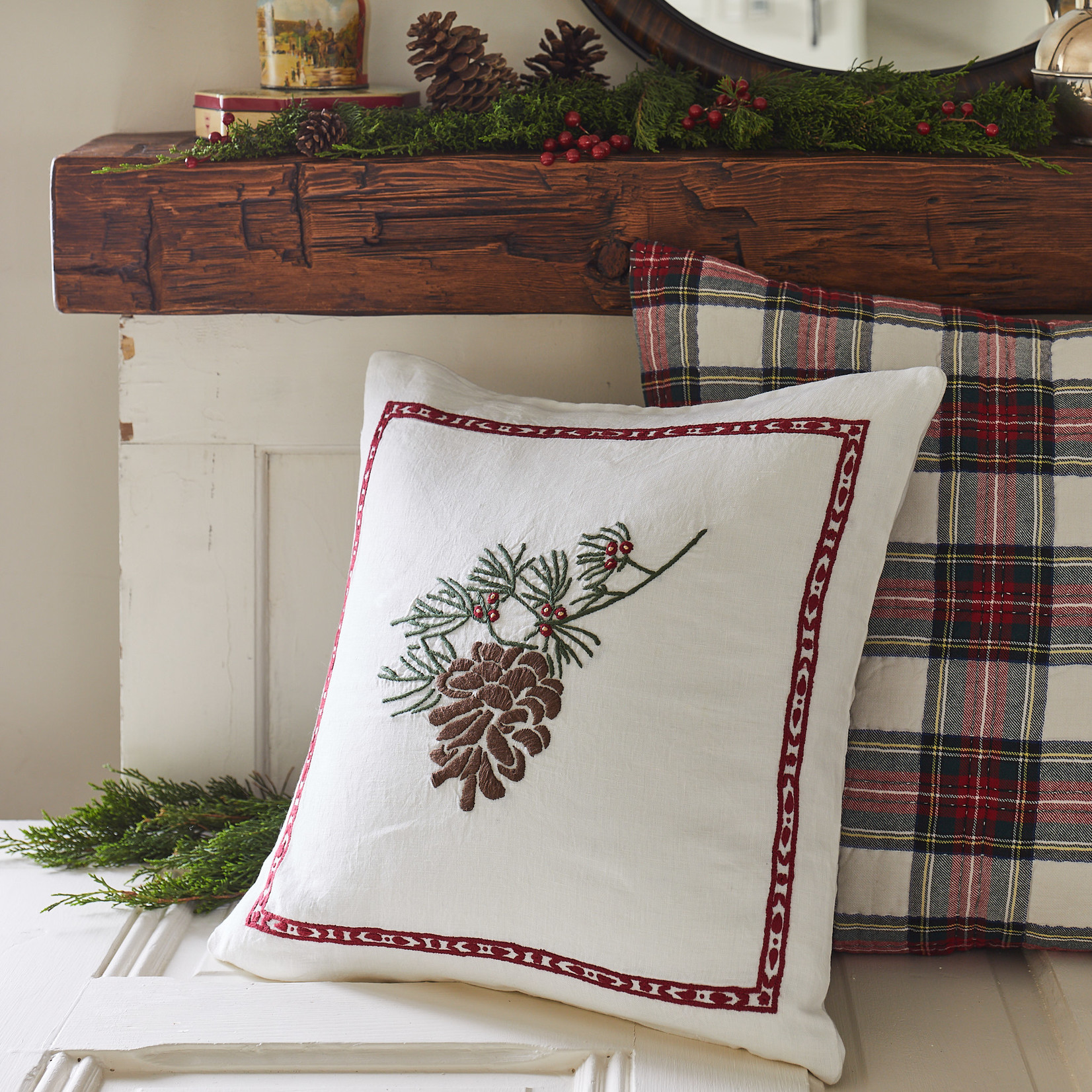 Christmas Pine Cone Embroidered Pillow