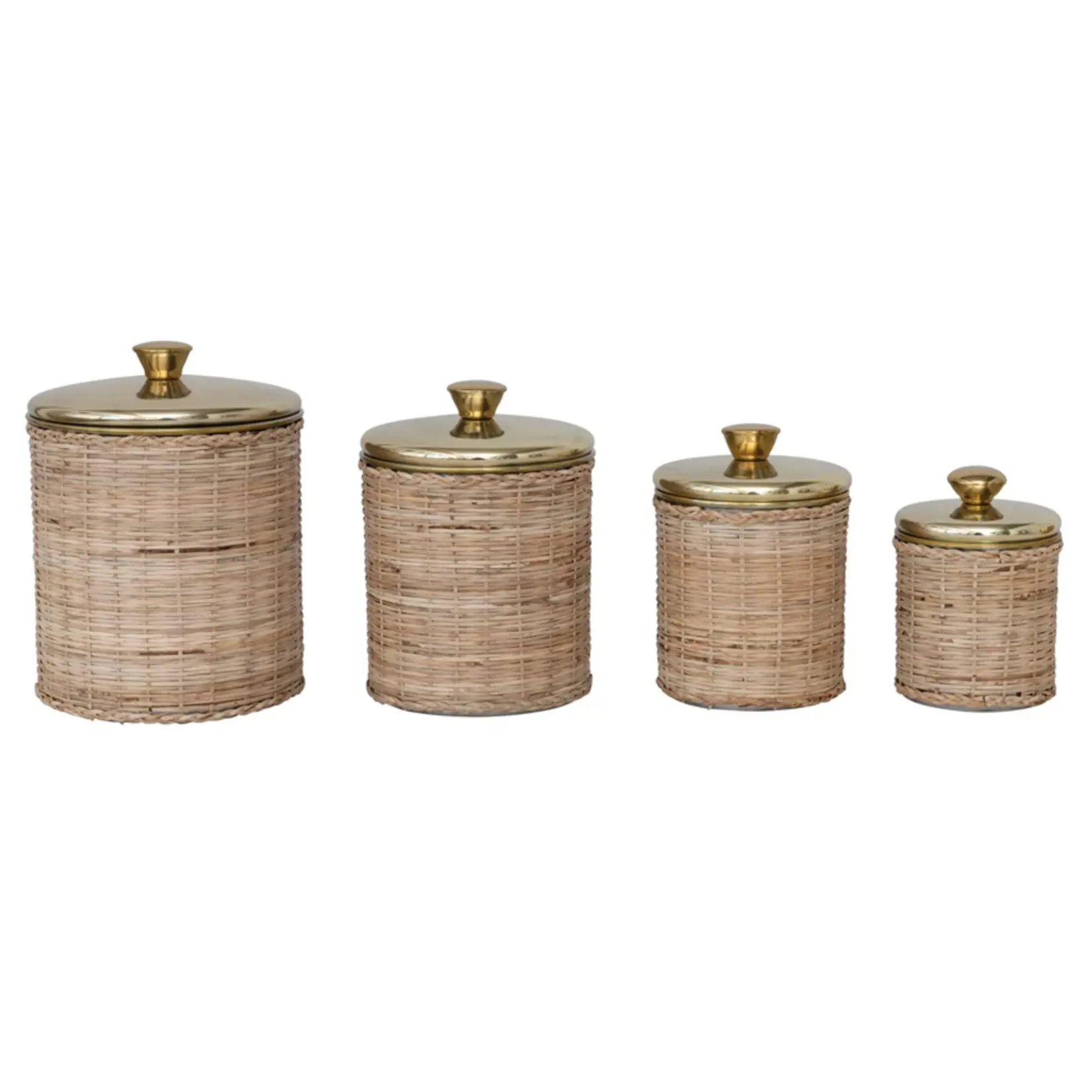 Rattan Wrapped Stainless Steel Canisters - Brass Finish/ S4