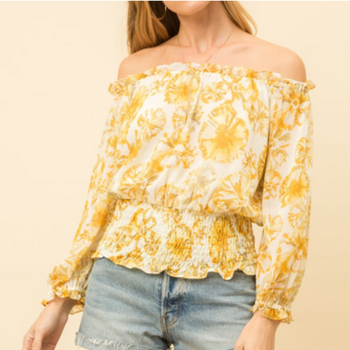 Mystree Mystree Boat Neck Smock Blouse Yellow Mix Mystree Mystree Boat Neck Smock Blouse Yellow Mix