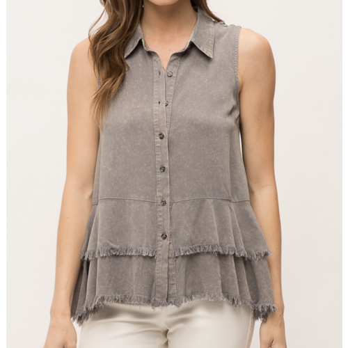 Mystree Mystree Wash Fray SL Ruffle Shirt Stone Mystree Mystree Wash Fray SL Ruffle Shirt Stone