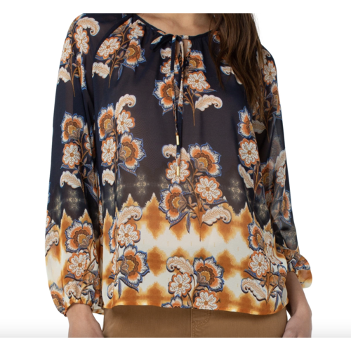 Liverpool Liverpool Shirred Blouse W/Ties FLORAL Liverpool Liverpool Shirred Blouse W/Ties FLORAL