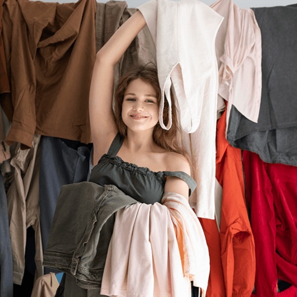 Petite fille souriante tenant plusieurs robes pour choisir la tenue idéale pour une occasion