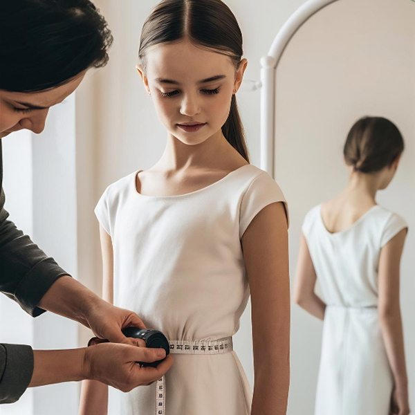 Enfant essayant une robe fille pendant une séance d’ajustement chez un tailleur