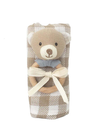 Mon Ami Mon Ami Gingham Muslin & Bear Wood Rattle Gift Set