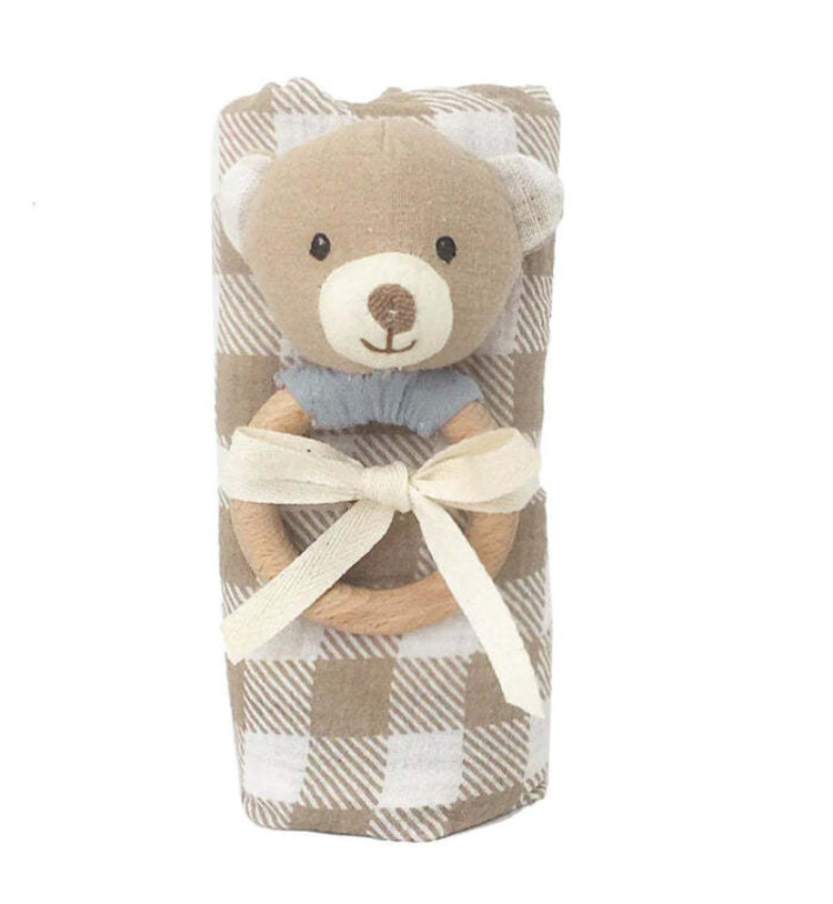 Mon Ami Mon Ami Gingham Muslin & Bear Wood Rattle Gift Set