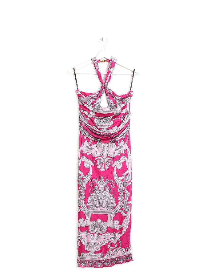 VERSACE Floral Pink Dress with Gold Medusa Buttons