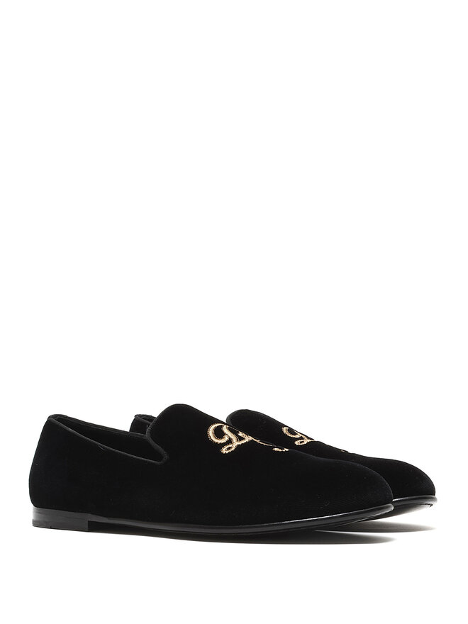 Dolce & Gabbana Velvet Loafers with Gold Embroidery