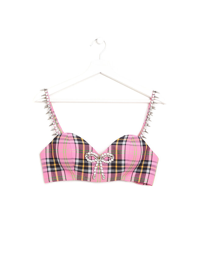AREA Plaid Strapless Embellished Bustier