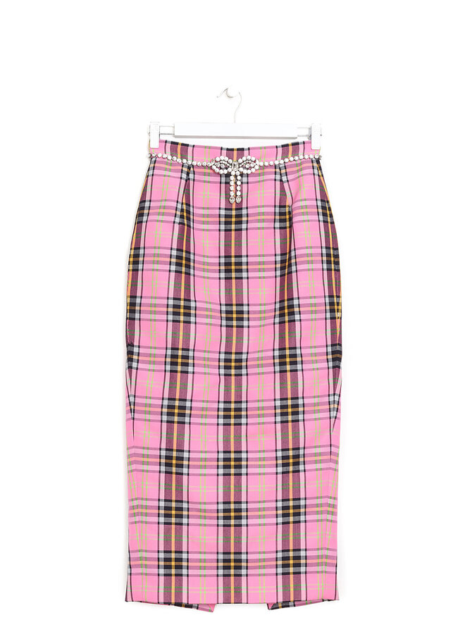 AREA Mid-Length Plaid Pencil Skirt with Rhinestone