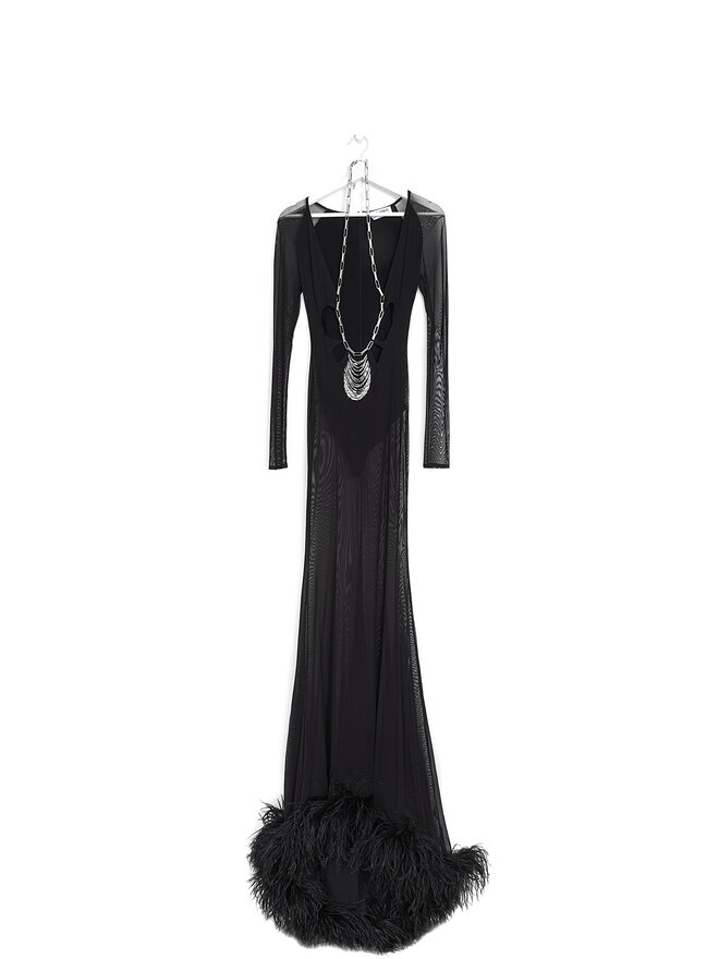 THE ATTICO Feather Accent Mesh Maxi Dress