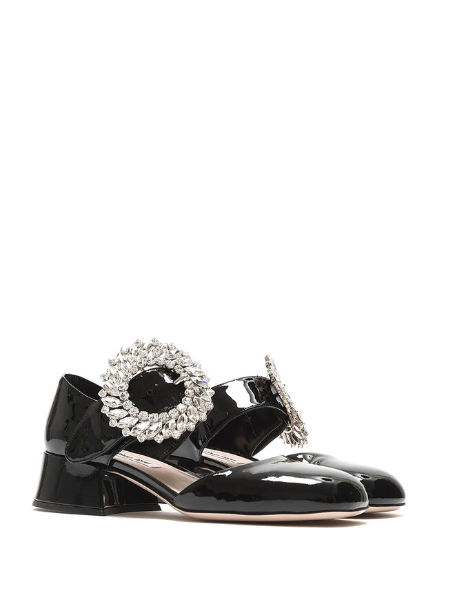 MIU MIU Patent Leather Crystal Buckle Pumps