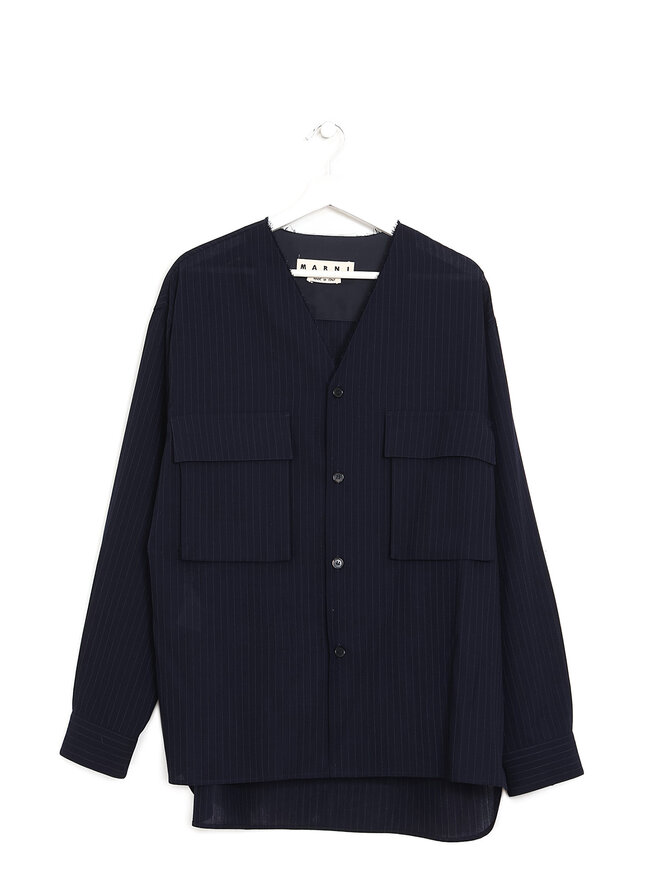 MARNI Chemise en laine à rayures avec col V effiloché