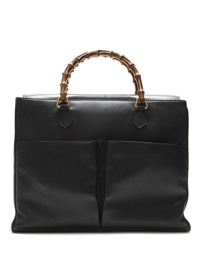 GUCCI Black Leather Bamboo Tote Bag