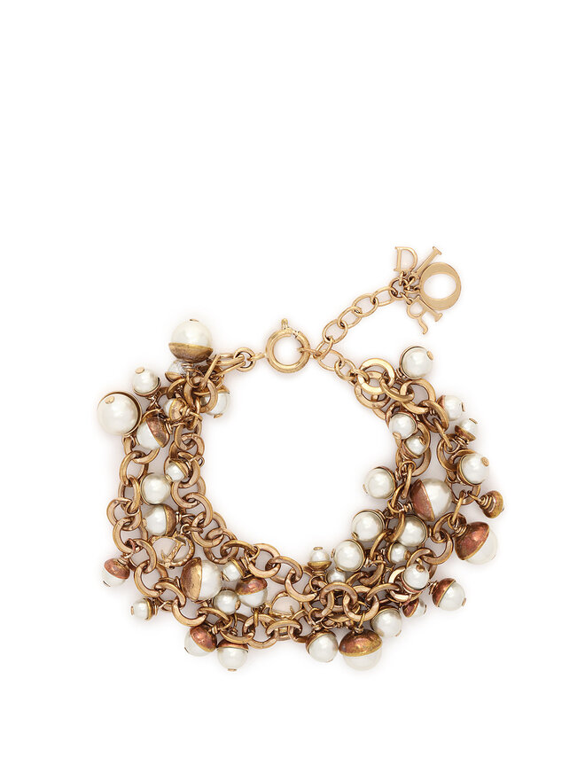 DIOR Gold Tone Faux Pearl Chain Bracelet