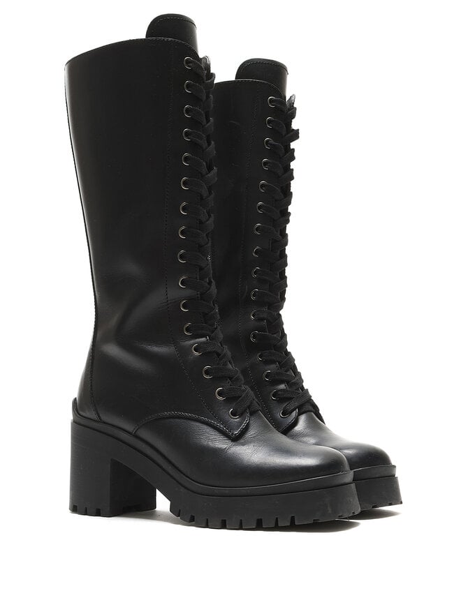 MIU MIU Black Leather Biker Knee Boots