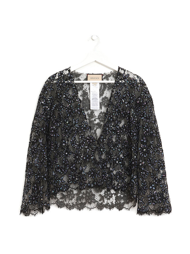 GUCCI Embroidered Beaded V-Neck Top