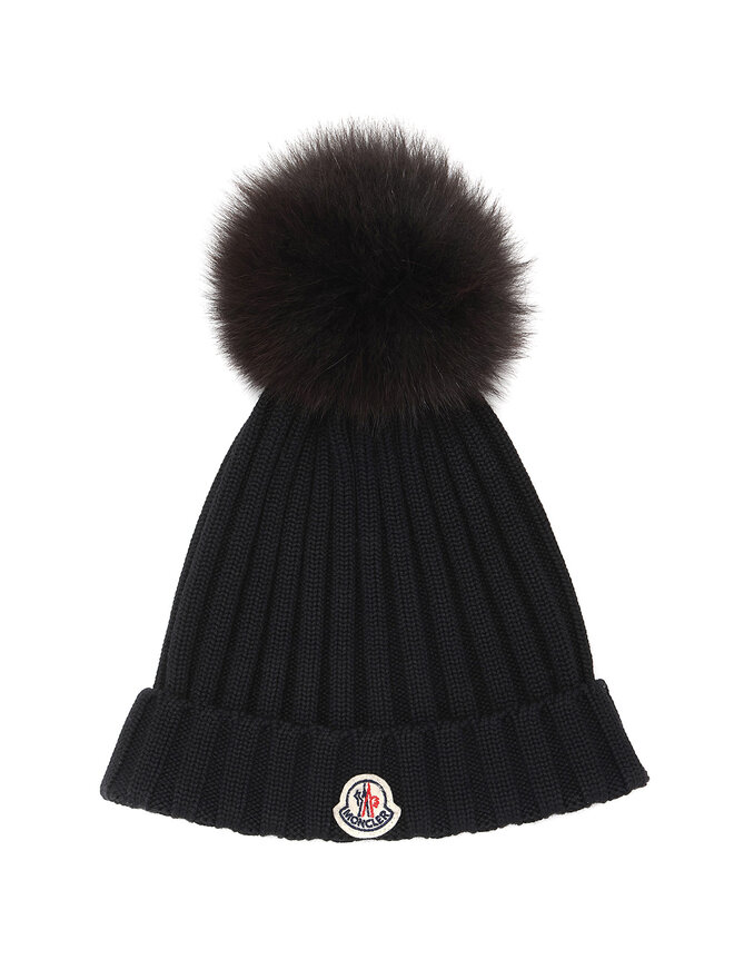 MONCLER Fur Pom Pom Wool Beanie