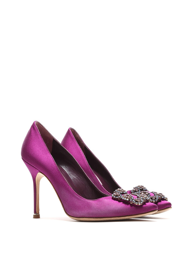 MANOLO BLAHNIK Rhinestone Buckle Satin Pumps