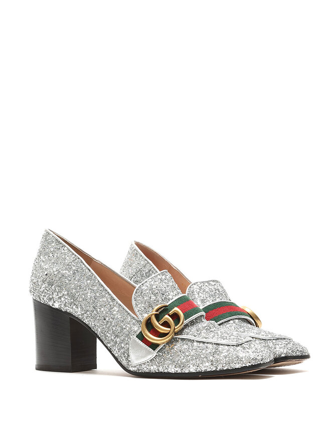 GUCCI Silver Glitter Square Toe Platform Heeled Loafers