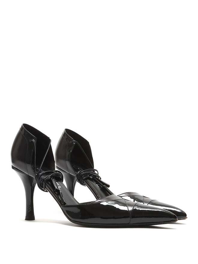 CHANEL Black Patent Leather Lace-Up Pumps