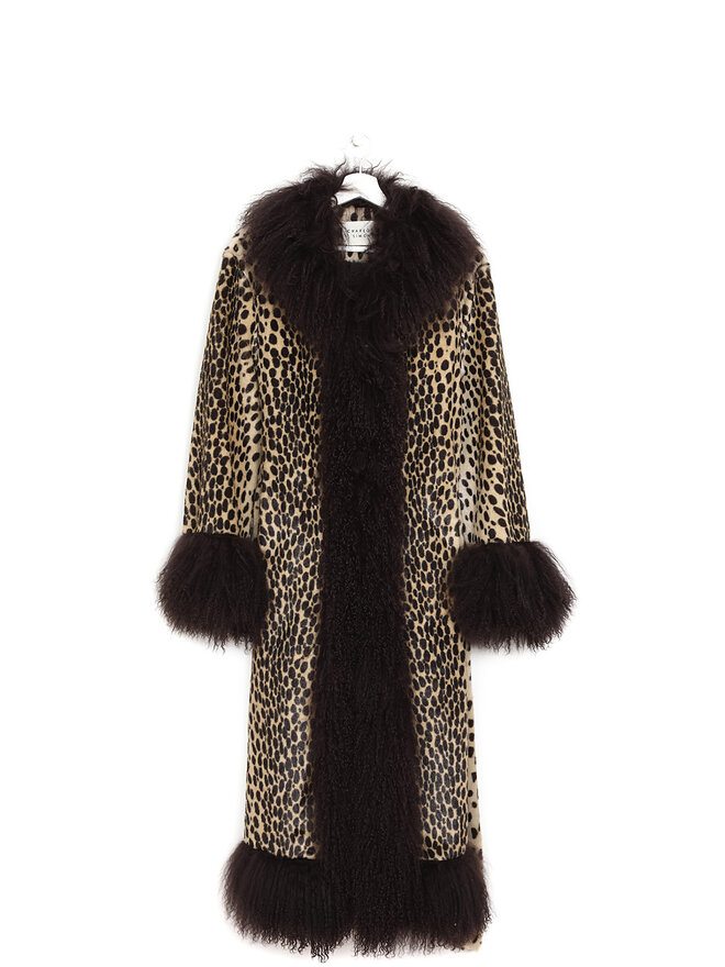 Charlotte Simone Leopard Print Coat with Fur Trim