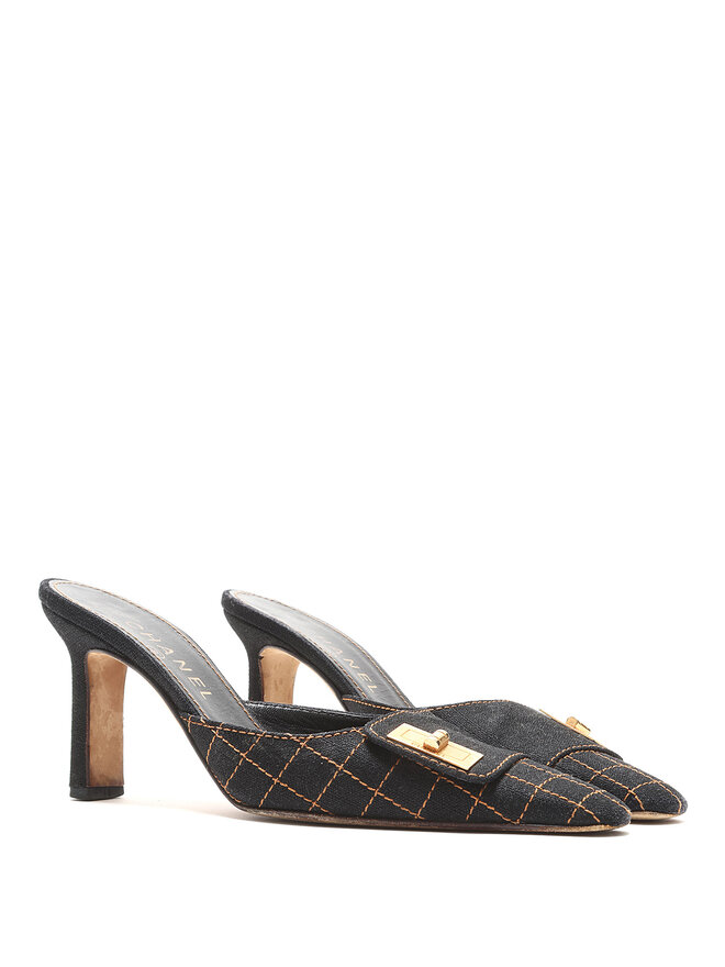CHANEL Leather Quilted Mules with Gold Logo Plaque