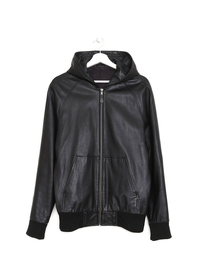 Leather Veste à Capuche en Cuir Noir