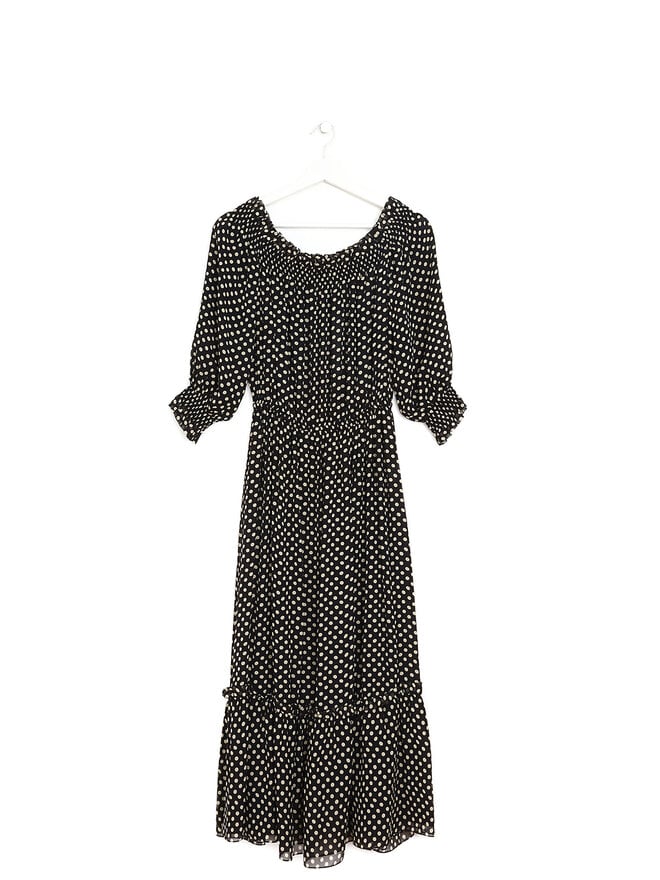 CELINE Polka Dot Silk Off-the-Shoulder Maxi Dress