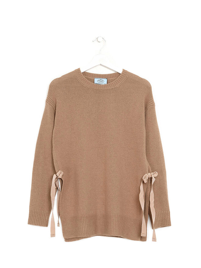 PRADA Chandail col rond en laine et cachemire camel