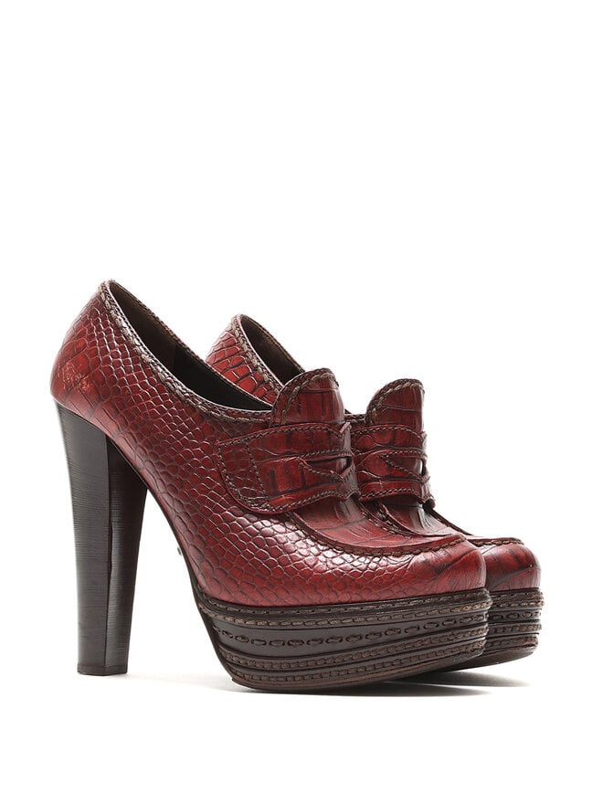 PRADA Croc-Embossed Leather Heeled Loafers