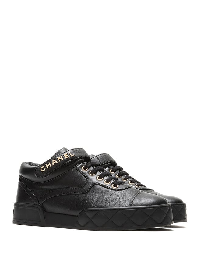 CHANEL Chanel Black Grained Leather Velcro Sneakers