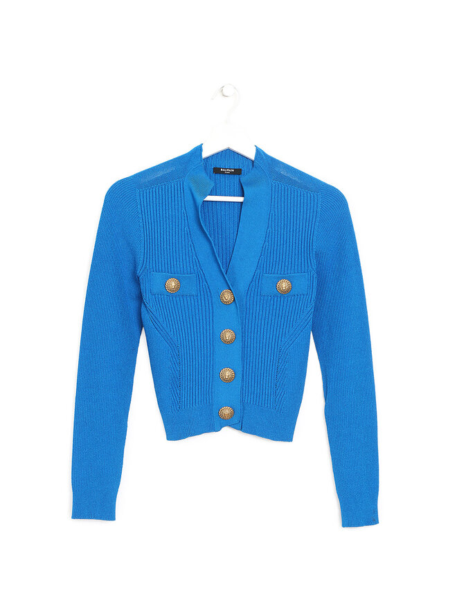 BALMAIN Ribbed Long Sleeve Top with Gold Buttons